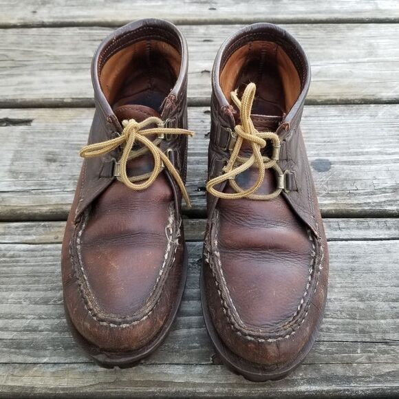 Vintage 70s Brown Leather Moccasin Moc Toe Lug Sole Chukka Ankle Boots Booties 7 - Picture 2 of 10